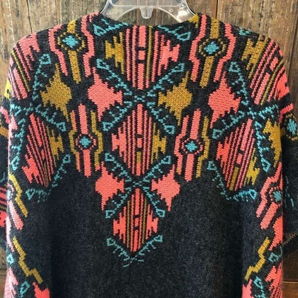 Paper Crane M Gray Orange Aztec Chunky Oversized Poncho Western Fringe Cardigan - Picture 8 of 10